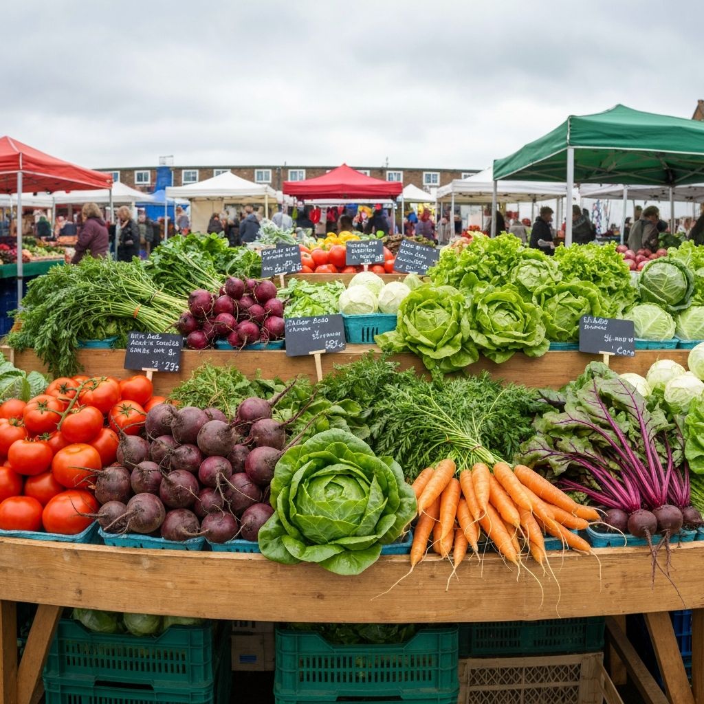 Fresh British vegetables at farmers market